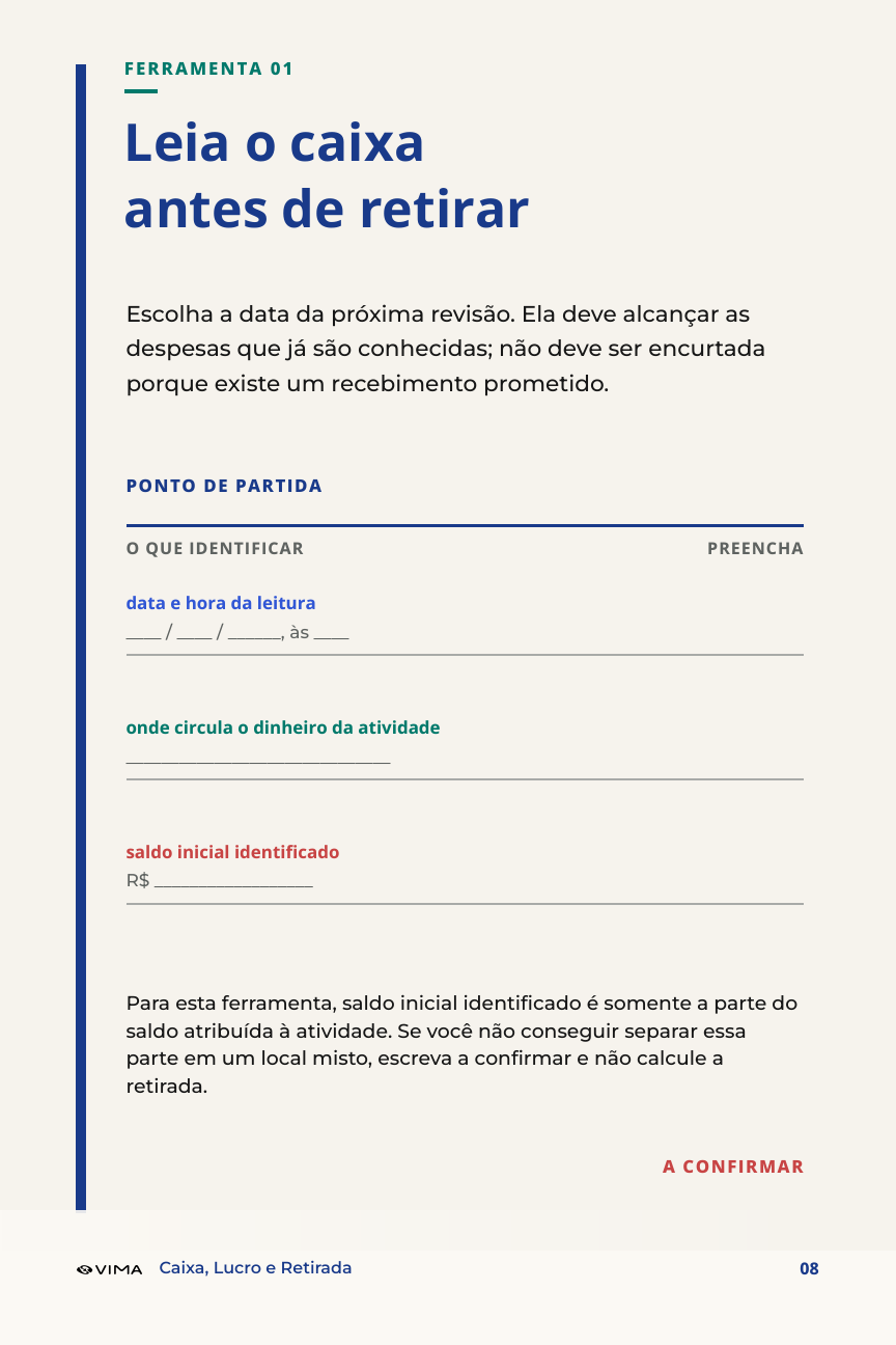 Página de ponto de partida do ebook Caixa, Lucro e Retirada.