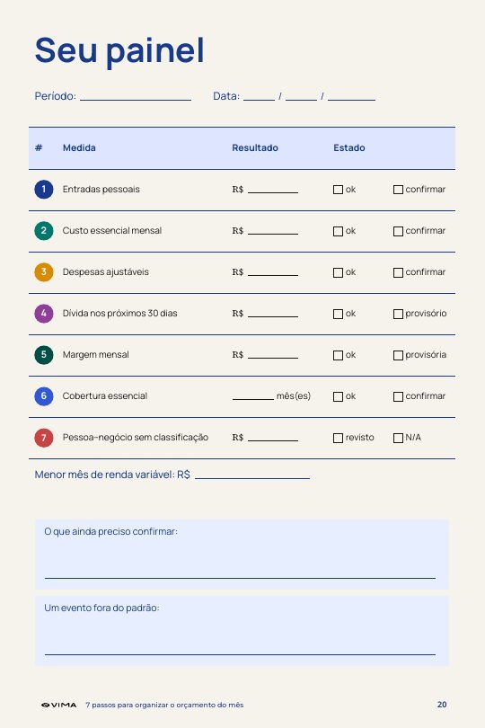 Página Seu painel, ferramenta de preenchimento do mês.