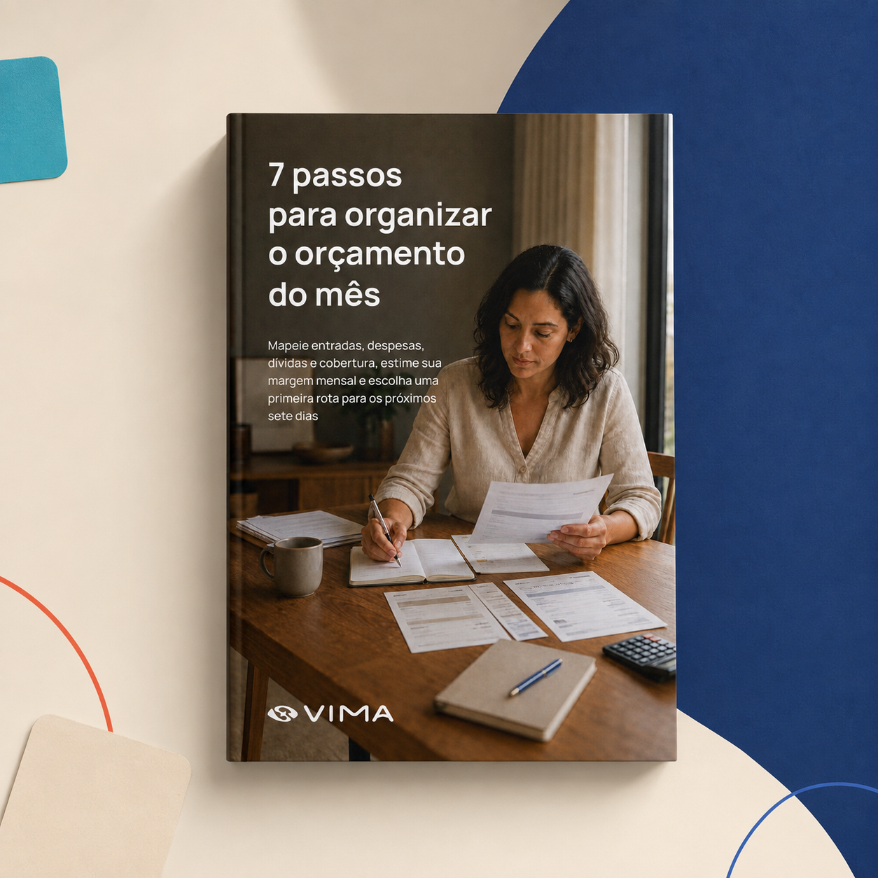Mockup do ebook 7 passos para organizar o orçamento do mês em uma cena VIMA azul e marfim.