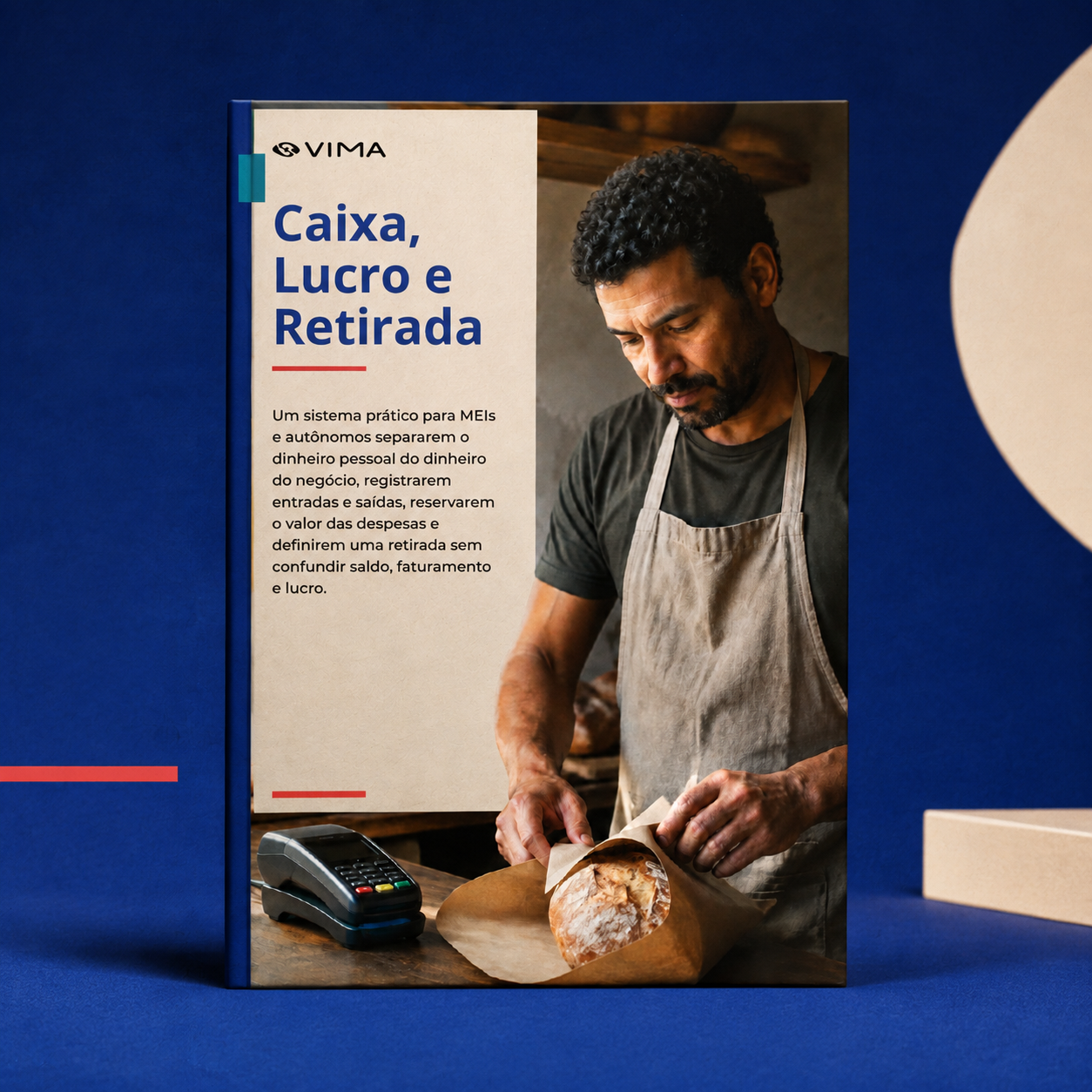 Mockup do ebook Caixa, Lucro e Retirada em uma cena VIMA azul com formas geométricas discretas.