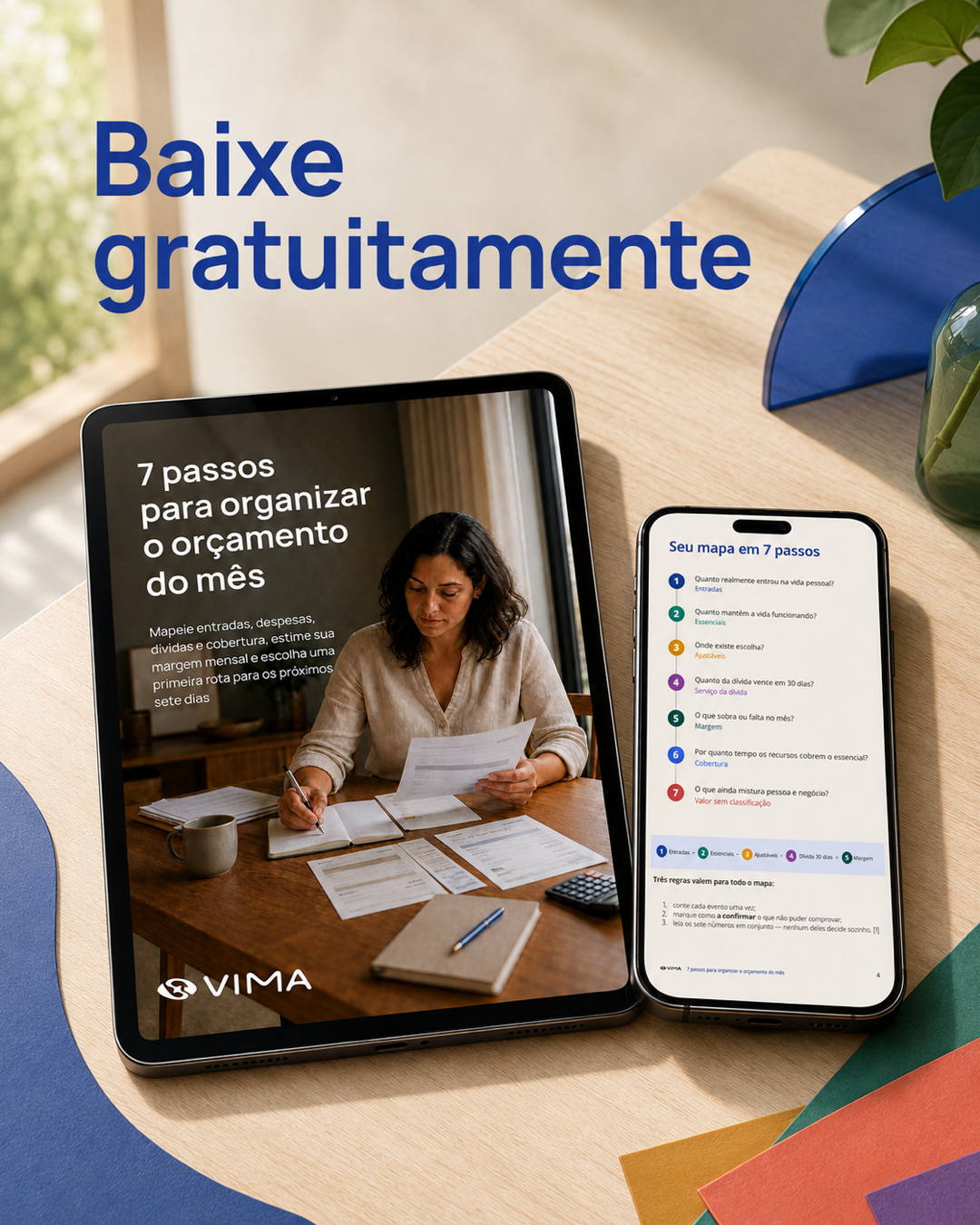Tablet com a capa do ebook e celular com o mapa de sete passos.